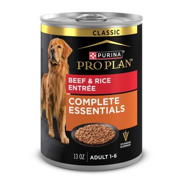 13oz can of Purina Pro Plan Complete Essentials beef and rice wet dog food