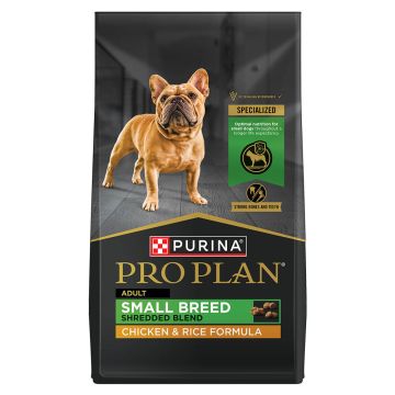 18 pound bag of Purina Pro Plan Small Breed Shredded Blend chicken and rice dry dog food.