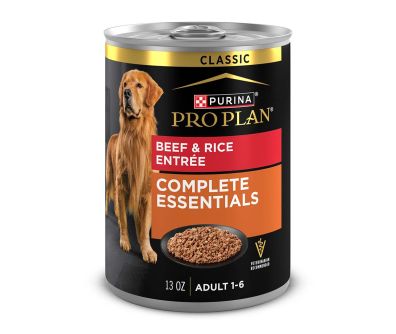 13oz can of Purina Pro Plan Complete Essentials beef and rice wet dog food